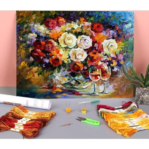 Roses And Wine Printed Water-Soluble Canvas 11CT Cross-Stitch Set Embroidery DMC Threads Handiwork Knitting Decor