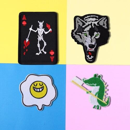 Food poached eggs! animal Wolf head Patches Iron On Toothbrushing crocodile, punk Skull playing card, Badge Clothing Decoration