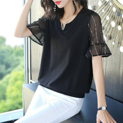 Women Spring Summer Style Chiffon Blouses Shirts Lady Casual Short Mesh Patchwork Sleeve O-Neck Blusas Tops ZZ0191
