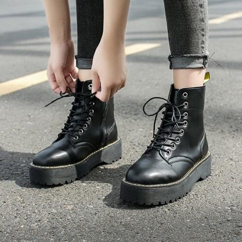 Women Motorcycle Ankle Boots Women Platform Boots Rubber Sole Lace Up Black Soft Leather High Heels Shoes Woman Comfortable