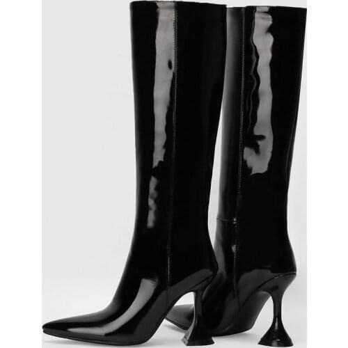 2021 Autumn Sexy Kitten Heel Knee High Women Boots New Patent Leather Fashion Pointed Toe Modern Boots Winter Warm Ladies Shoes