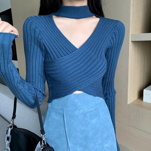 Sexy neck V-neck cross sweater 2020 autumn new careful machine temperament slim long sleeve sweater