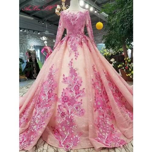 AnXin SH Luxury princess rose pink flower lace beading pearls crystal o neck sparkly long sleeve wedding dress 100% real photo
