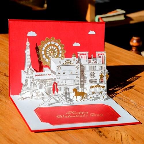 10 pieces/lot) Top Class 3D Pop Up Couple Wedding Invitation Card Red Valentines Gift Postcard Ferris Wheel Castle Card G1036R