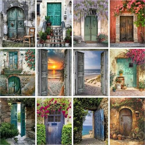 5D Diy Diamond Painting Cross Stitch Kits Vintage Wooden Door Full Drill Diamond Embroidery Landscape Mosaic Home Wall Decor
