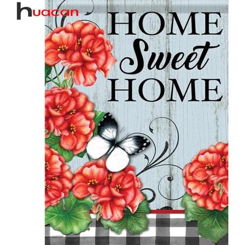 Huacan Diamond Painting Full Home Sweet Home Mosaic Flower Butterfly Embroidery Scenery Diamond Art Wall Stickers