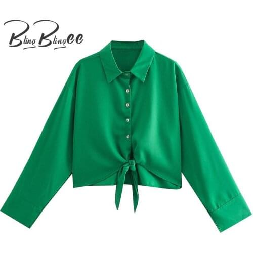 BlingBlingee Za 2021 Woman Casual Loose Green Shirt Summer Traf Crop Tops Drop Shoulder Long Sleeve Knot Hem Female Blouses