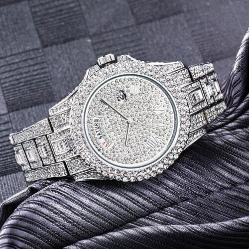 MISSFOX Ice Out Style Dial Quartz Watch Men Week calendar Bezel With Full Big Diamond Wristwatch Droshipping Relogio Masculino