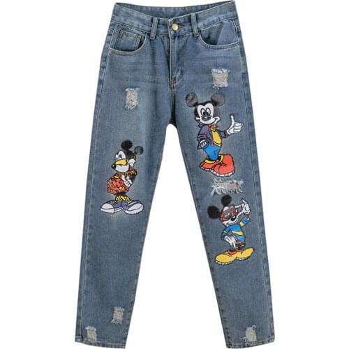 Disney Mickey woman fashion retro new plus fat plus size ripped jeans nine-point pants cartoon printing feet blue pants