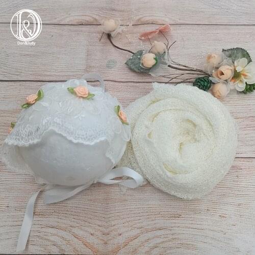 Don&Judy 2pcs/Set Stretch Wrap with Matching Flower Hat Bonnet Newborn Photography Prop Accessories Photo Shoot for Baby Shower