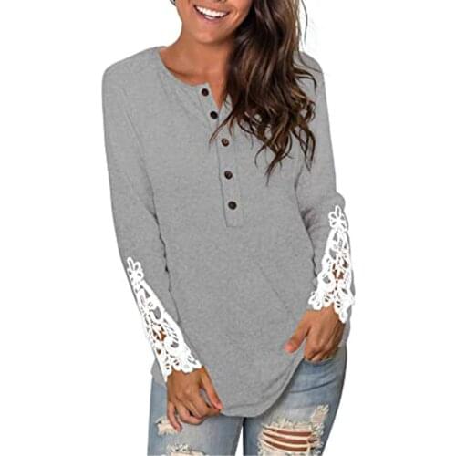 V-neck T-shirts Round Neck Comfortable Lace Button Top New round neck button sleeve lace T-shirt top