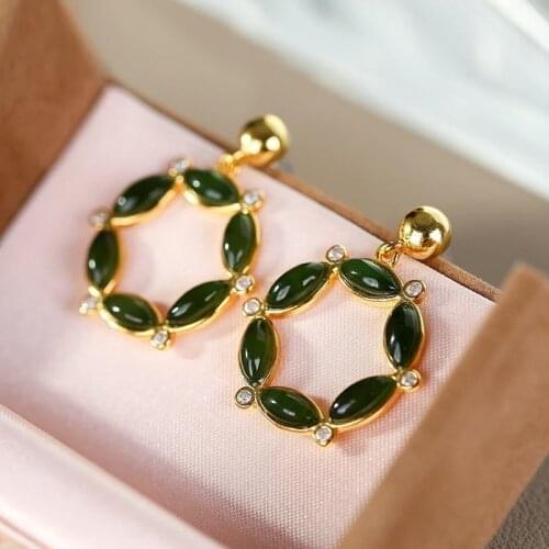 Natural Hetian Jade S925 Sterling Silver Jasper Eardrops Womens Personality, Elegance and Simplicity Fashion Garland Delicate E