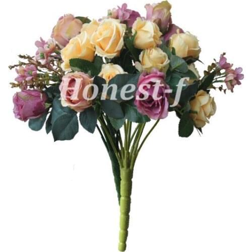 Artificial Multi-Coloured Rose Silk Flowers Bounquet Mixed Arrangement, Home Hotel Room Wedding Decoration(Yellow,Purple,Red)