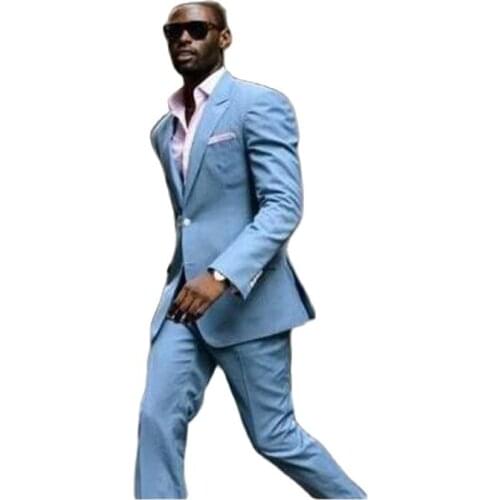 Latest Light Blue Linen Men Suit Slim 2Piece Tuxedo Groom Suits Custom Prom Blazer Terno Masculino(Jacket+Pant+Tie)