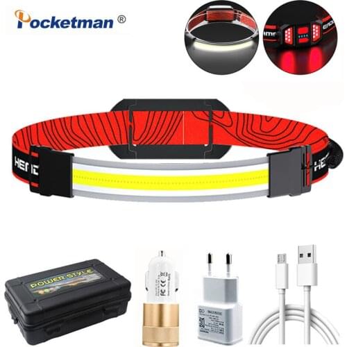 500000lumens Work Headlamp 3Modes Red Warning Strobe Camping Light COB Headlight Running Head Torch lantern with battery, cable