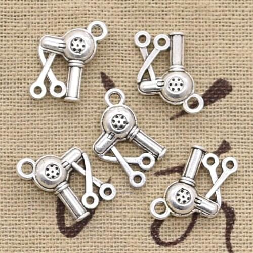 20pcs Charms Barbershop Hair Dryer Scissors 15x12mm Antique Silver Color Pendants Making DIY Handmade TibetanJewelry