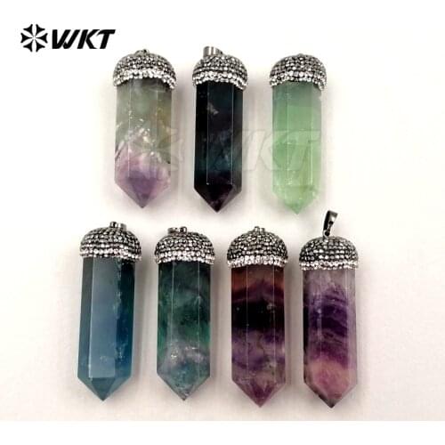 WT-NP301 Wholesale Mini long clear natural pendant with jewel pave crystal point quartz pillar fluorite pendant for women gift