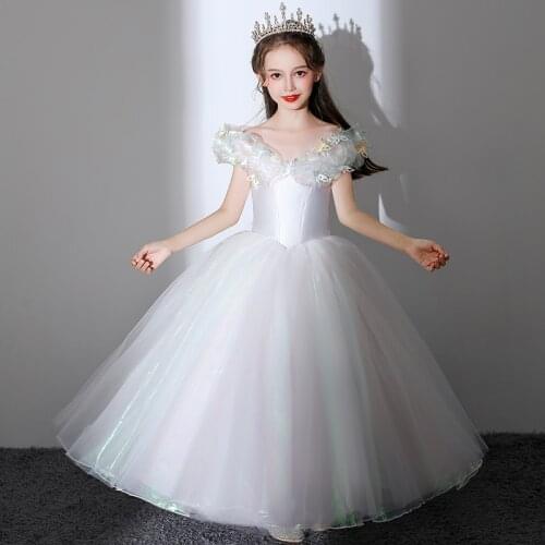 Teenage Girls Elegant Dress Summer Children Princess Long Tulle Frocks Kids Girl Bridesmaid Wedding Party White Dresses