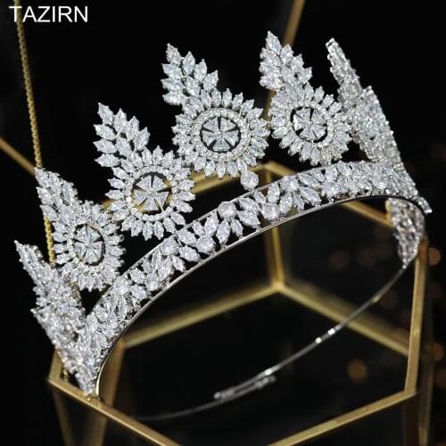 Luxury Cubic Zirconia Queen Crown Wedding Bridal Tall Tiaras CZ Women Party Hair Jewelry Accessories Zircon Pageant Headpieces