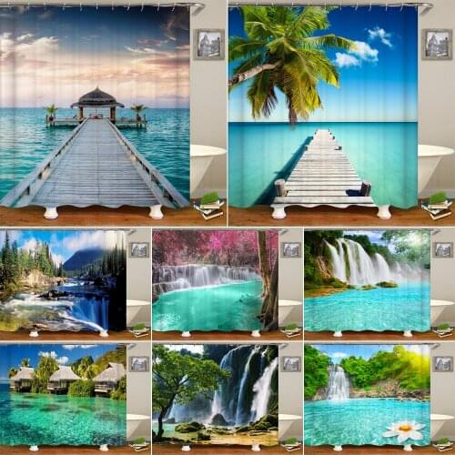 Sun Shine Sea Beach Scenery Waterfall Print Shower Curtain Set Waterproof Bathroom Curtain with Bath Mat Rugs Home Decoration