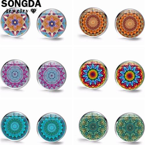 SONGDA Indian Charm Mandala Art Glass Gem Stud Earrings Ohm Symbol Buddhism Zen Yoga Spiritual Amulet Ladies Earrings Decoration