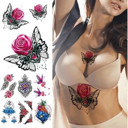 Temporary tattoo butterfly rose flower fake henna black tattoo breast underboob waterproof tatoo big body art sexy for women