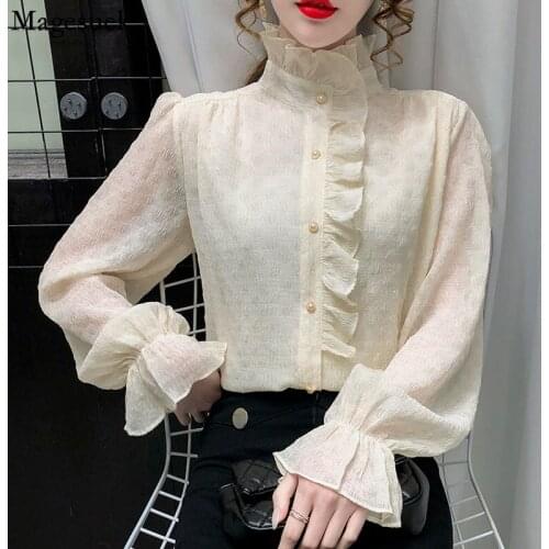 Autumn New O-neck Pleated Ruffle Women Lace Blouse Flare Sleeve Chiffon Shirt Long Sleeve Embossed Slim Blouse Blusas 16851