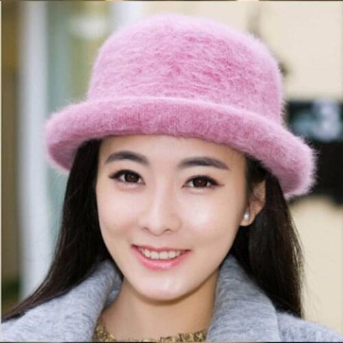 Hot Sales Winter Bucket Hat for Women Rabbit Wool Warm Solid Pink Floppy Hats for Women Female Bucket Hat Fedoras Cap For mom