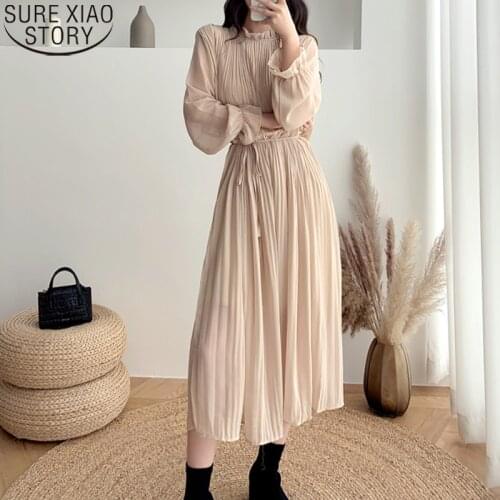 Apricot Dresses Plus Size M-4XL 2021 Spring Elegant Pleated Chiffon Dress Women Stand Collar High Waist Loose Vestidos 12536
