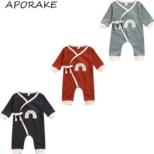2021 0-12M Baby Casual Romper Fashion Rainbow Patchwork Tie-up V-neck Long Sleeve Knitted Jumpsuit Boys Girls Spring Fall Outfit