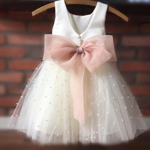 Ivory Kids First Birthday Dresses Pearls with Belt Bow Flower Girl Dress Children Wedding Party Dress New Year 2021
