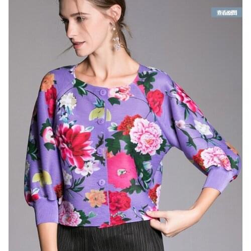 HOT SELLING Miyake Fold single-breasted three quarter printing fold o-neck coat IN STOCK