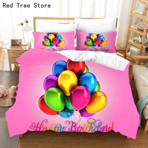 Happy Birthday Colorful Balloon 3d Bedding Set Luxury Cartoon Comforter Duvet Cover Pillowcase Cute Pink Bed Linen For Kids Gift