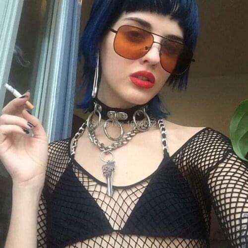 Punk Fetish Leather Choker 100% Handmade 3 Circle Metal Harajuku Collar Gothic Cosplay Buckle Belt Necklace