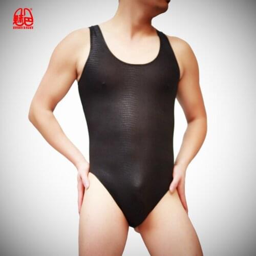 MEISE Men Bodysuit Lycra Snake Stripe See Through Underpants Transparent Jumpsuit Base Shirt Male Body Suit Stage Wear NB21