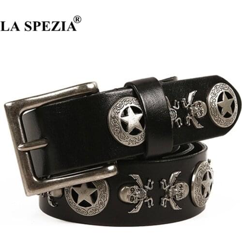 LA SPEZIA Square Belt Male Genuine Cowhide Leather Pin Buckle Belts For Men Skull Black Real Leather Rock Punk Accessories Belt