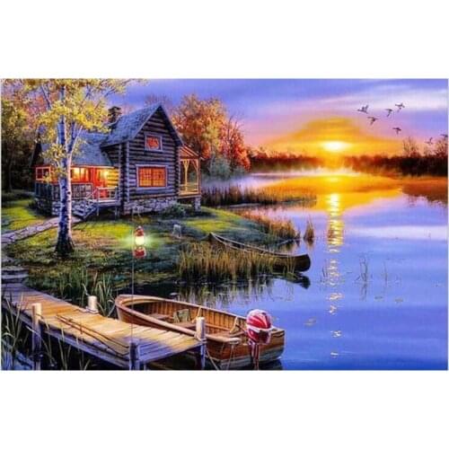 Sunset Wooden Boats River Cabin Diamond Painting Cross Stitch Embroidery Beaded Needle Work Wall Decor Full Round Diamond