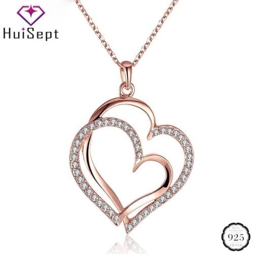 HuiSept Trendy Pendant Necklace Silver Jewellery for Women Heart-shape AAA Zircon Gemstones Pendant Wedding Party Gift Rose Gold