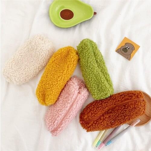 Cute Soft Color Fluffy Pencil Bag Kawaii Plush Pencil Case Cosmetics Pouch Pen Holder Stationery Organizer Office Stationery