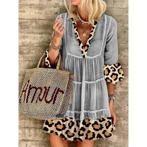 Womens Fashion Leopard Stitching Mid-Sleeved V-Neck Short Dresses Woman 2021 Sundresses Summer Printing Halterneck Dress Female