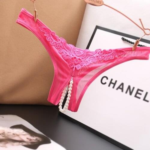 Sexy Underwear Women Lace Open Crotch Pearl Thong String Massage Hollow Out Printing Low Waist Pants Beading