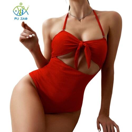Sexy One Piece 2021 Swimsuit Bandeau Swimwear Women Front Cut Out Big Bow Adjustable Shoulder Strap Bodysuit Bathing Suit