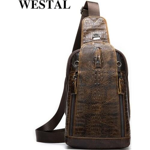 WESTAL mens shoulder bag for men ALLIGATOR pattern mens sling bag genuine leather messenger bag mens shoulder chest bags 9046