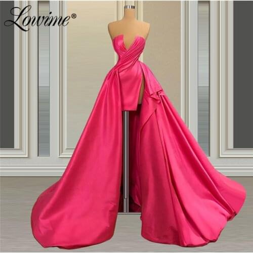 Deep Pink High Low Prom Dresses Satin Arabic Party Gowns 2021 Sexy Red Carpet Evening Dress Saudi Arabia Long Women Evening Wear