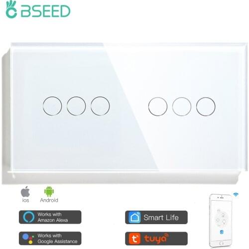 Bseed EU Smart 6 Gang WifI Control Touch Switch Work With Tuya 157mm Light Switch White Black Gold Mirror Crystal Panel Switch
