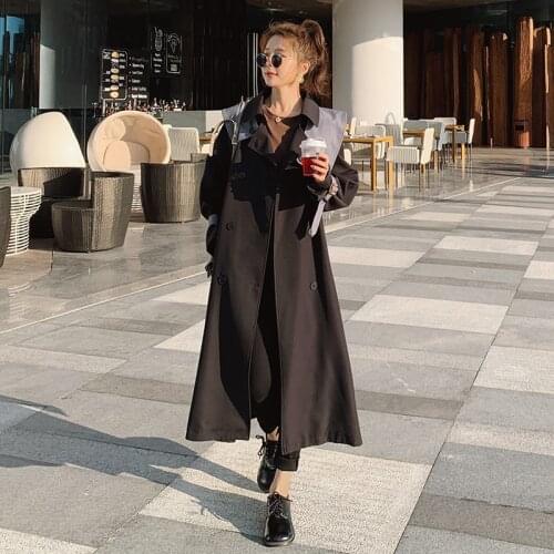 Womens Windbreaker Spring Autumn Fashion Collar Detachable Black Ladies Cloak Stitching Design Sense Waist Trench Coat Female