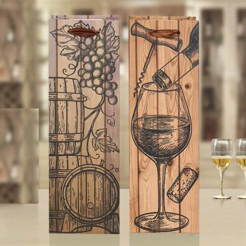 High Quality 100pcs Vintage Wine Bags Durable Wood Grain Coated Tote box Thicken Paper Red Wine Bottle Bag