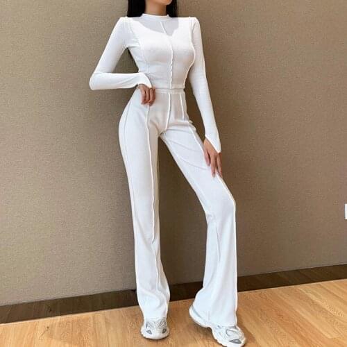 Autumn New Casual Womens Wear White Personality Round Collar Long Sleeve Jacket Bell-Bottoms Two Suit