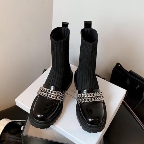 MEZEREON Women Shoe Fashion Platform Boots With Chains Genuine Leather Modern Woman Shoes Elegant Ladies Sock Boots