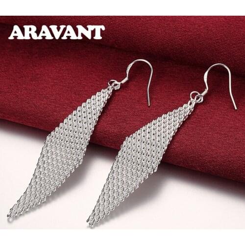 925 Silver Weave Long Drop Earrings For Women Wedding Party Silver Pendientes Jewelry Gift